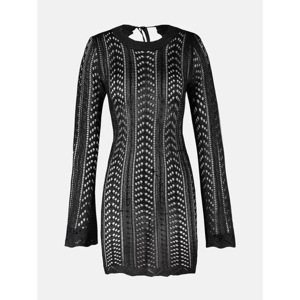 imageCUPSHE X STASSIE Womens Crochet Backless Cover Up Dress Long Sleeve Scalloped Beach Mini Bodycon DressBlack