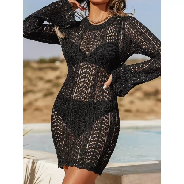 imageCUPSHE X STASSIE Womens Crochet Backless Cover Up Dress Long Sleeve Scalloped Beach Mini Bodycon DressBlack