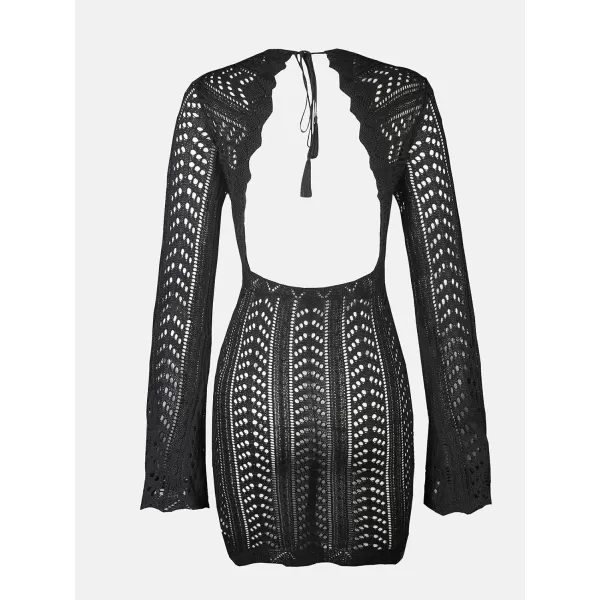 imageCUPSHE X STASSIE Womens Crochet Backless Cover Up Dress Long Sleeve Scalloped Beach Mini Bodycon DressBlack