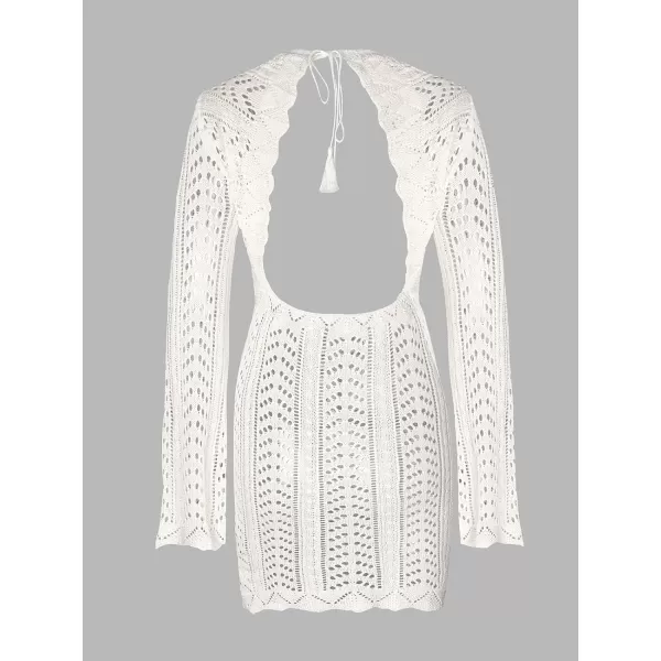 imageCUPSHE X STASSIE Womens Crochet Backless Cover Up Dress Long Sleeve Scalloped Beach Mini Bodycon DressWhite