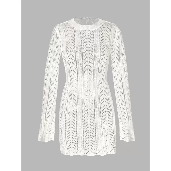 imageCUPSHE X STASSIE Womens Crochet Backless Cover Up Dress Long Sleeve Scalloped Beach Mini Bodycon DressWhite