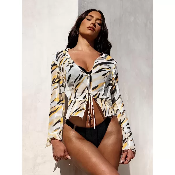 imageCUPSHE X STASSIE Womens Sexy Ruffled Bathing Suit Cover Up Tie Front Summer Beach CoverupsYellow Zebra