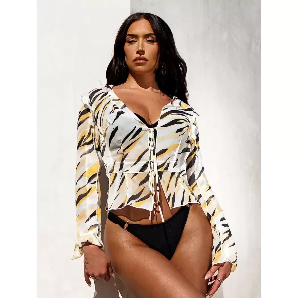 imageCUPSHE X STASSIE Womens Sexy Ruffled Bathing Suit Cover Up Tie Front Summer Beach CoverupsYellow Zebra
