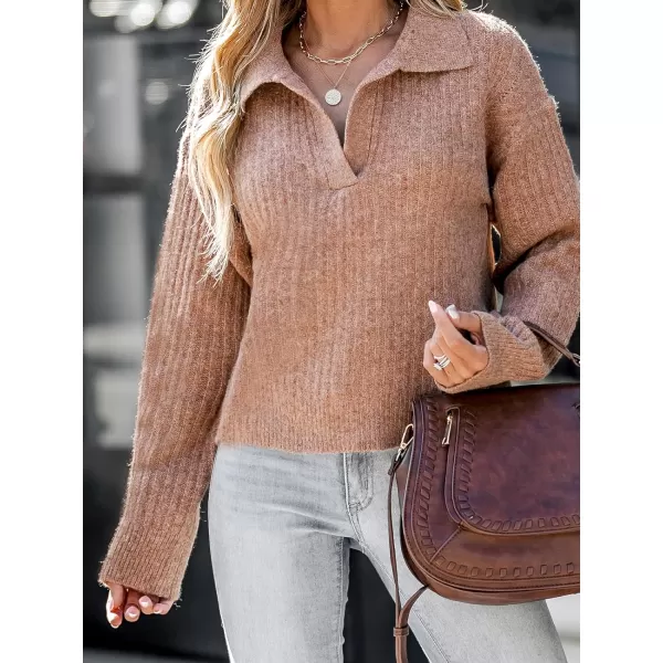 imageCUPSHE X Savannah Women Sweater V Neck Classic Cozy Rib Tops Long Sleeves Knit Pullover SweaterBrown