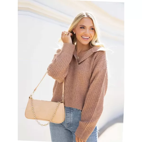 imageCUPSHE X Savannah Women Sweater V Neck Classic Cozy Rib Tops Long Sleeves Knit Pullover SweaterBrown