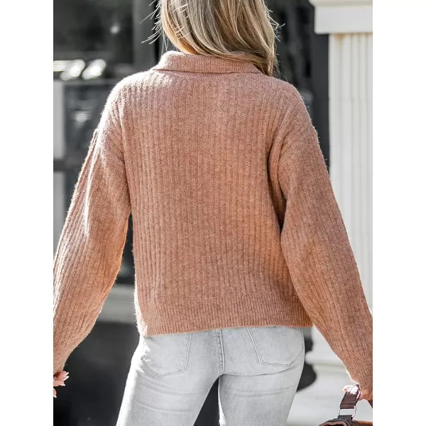 imageCUPSHE X Savannah Women Sweater V Neck Classic Cozy Rib Tops Long Sleeves Knit Pullover SweaterBrown