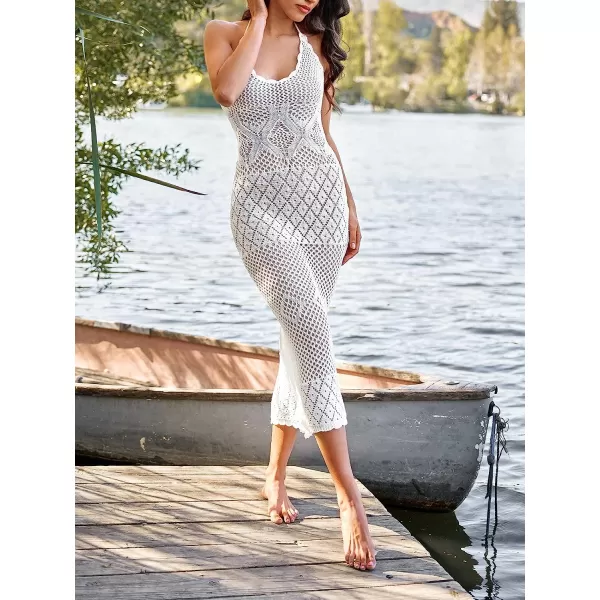 imageCUPSHE X Vanessa Pearl Crochet Backless Halter CoverUp Dress for Women Casual Beach SummerWhite