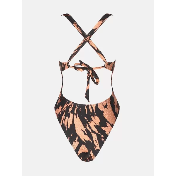 imageCUPSHE X Vanessa Women One Piece Swimsuit Deep V Neck Crisscross Back Tie Cheeky Belted Bathing SuitAbstract Print