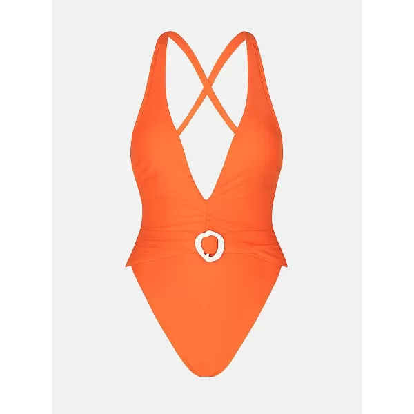 imageCUPSHE X Vanessa Women One Piece Swimsuit Deep V Neck Crisscross Back Tie Cheeky Belted Bathing SuitOrange