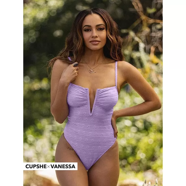 imageCUPSHE X Vanessa Women Swimsuit One Piece Jacquard Deep V Wire Neck High Cut Bathing SuitLavender