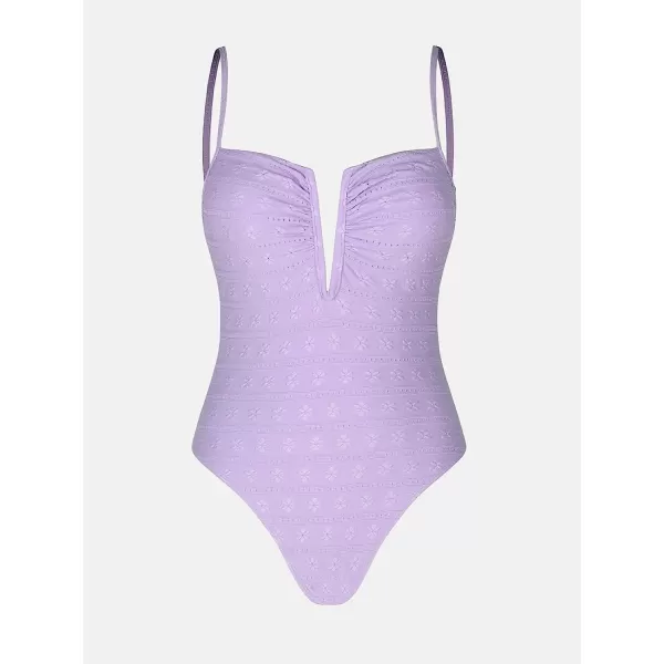 imageCUPSHE X Vanessa Women Swimsuit One Piece Jacquard Deep V Wire Neck High Cut Bathing SuitLavender