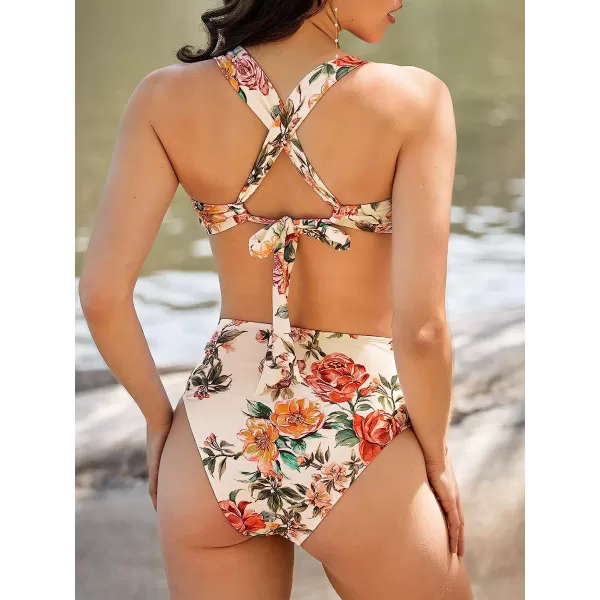 imageCUPSHE X Vanessa Womens Bikini Set Two Piece Swimsuits High Waisted V Neck Twist Crisscross Back Tie Cheeky BottomBeige Floral