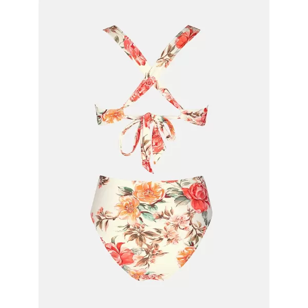 imageCUPSHE X Vanessa Womens Bikini Set Two Piece Swimsuits High Waisted V Neck Twist Crisscross Back Tie Cheeky BottomBeige Floral