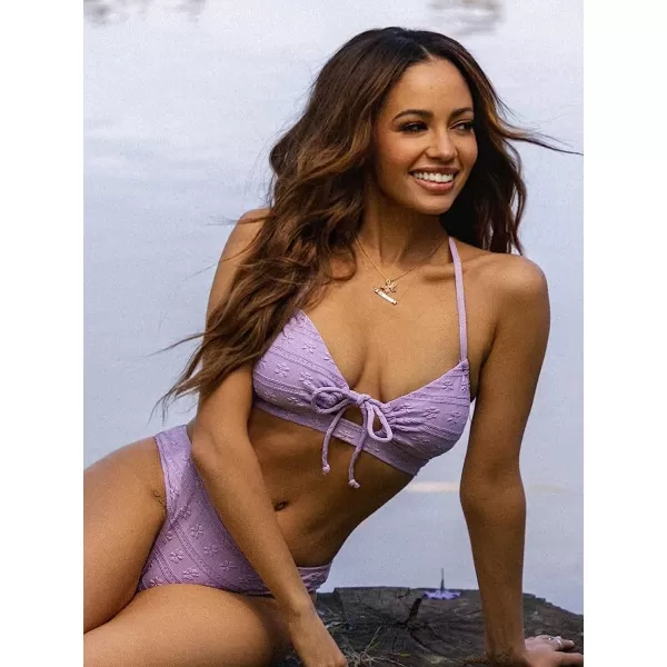 imageCUPSHE X Vanessa Womens Bikini Set Two Piece Swimsuits V Neck Low Rise Cutout Drawstring Crisscross Back HookLavender Purple