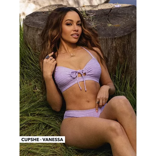imageCUPSHE X Vanessa Womens Bikini Set Two Piece Swimsuits V Neck Low Rise Cutout Drawstring Crisscross Back HookLavender Purple