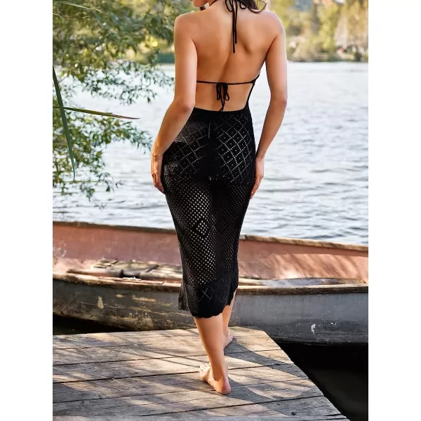 imageCUPSHE X Vanessa Womens Crochet Tie Back Halter CoverUp Sleeveless Sheer Midi DressBlack