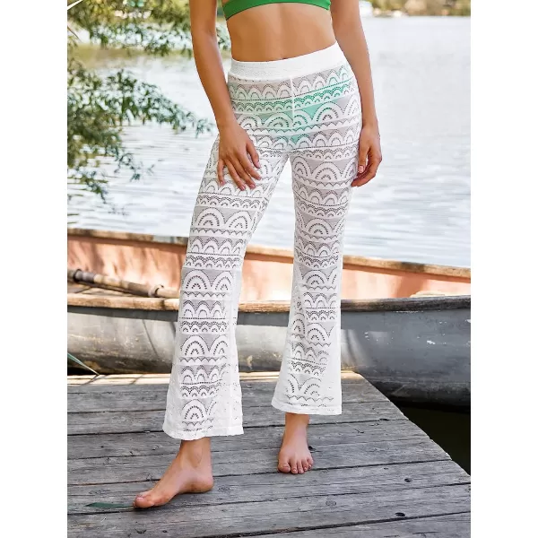 imageCUPSHE X Vanessa Womens Lace Flare High Waist PantsJersey Cover Up Long PantsWhite