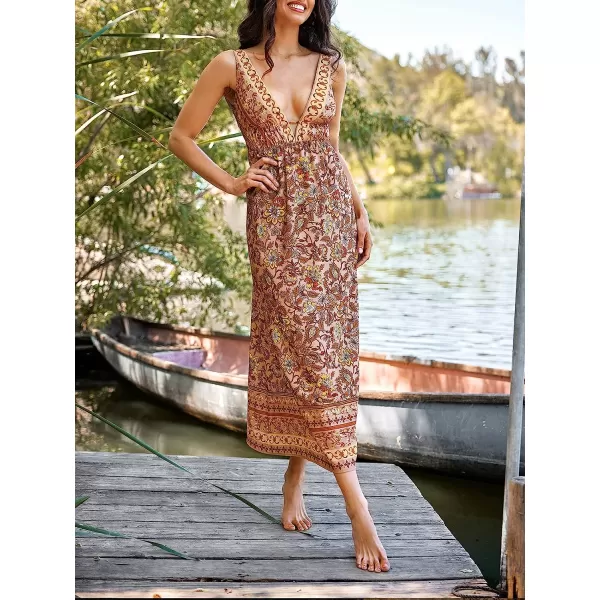 imageCUPSHE X Vanessa Womens Plunge V Neck Floral Print Long Dress Formal Dress Maxi Backless DressBrown