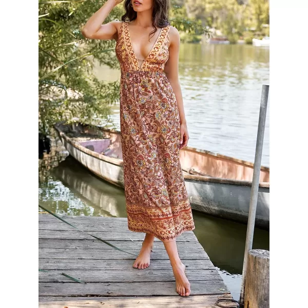 imageCUPSHE X Vanessa Womens Plunge V Neck Floral Print Long Dress Formal Dress Maxi Backless DressBrown