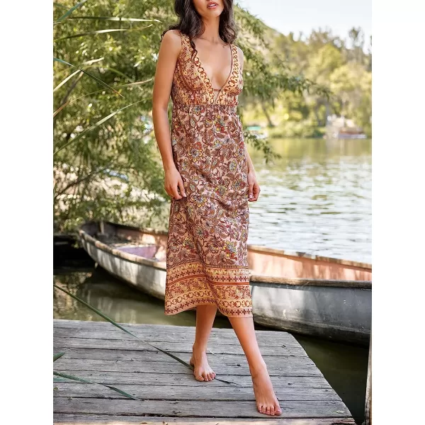 imageCUPSHE X Vanessa Womens Plunge V Neck Floral Print Long Dress Formal Dress Maxi Backless DressBrown