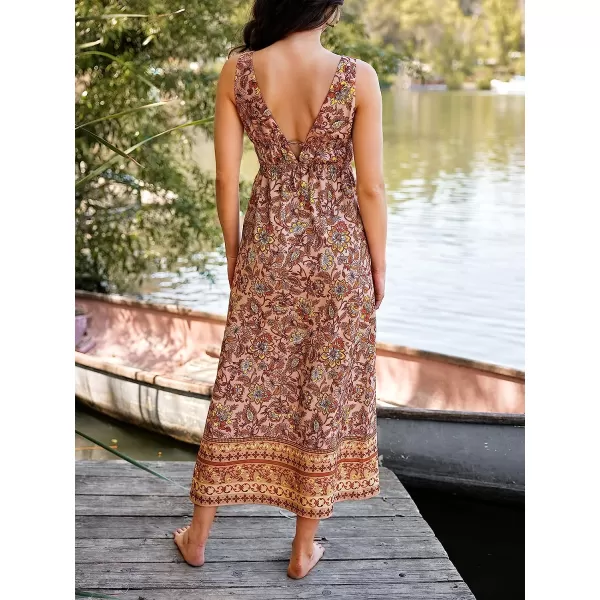 imageCUPSHE X Vanessa Womens Plunge V Neck Floral Print Long Dress Formal Dress Maxi Backless DressBrown