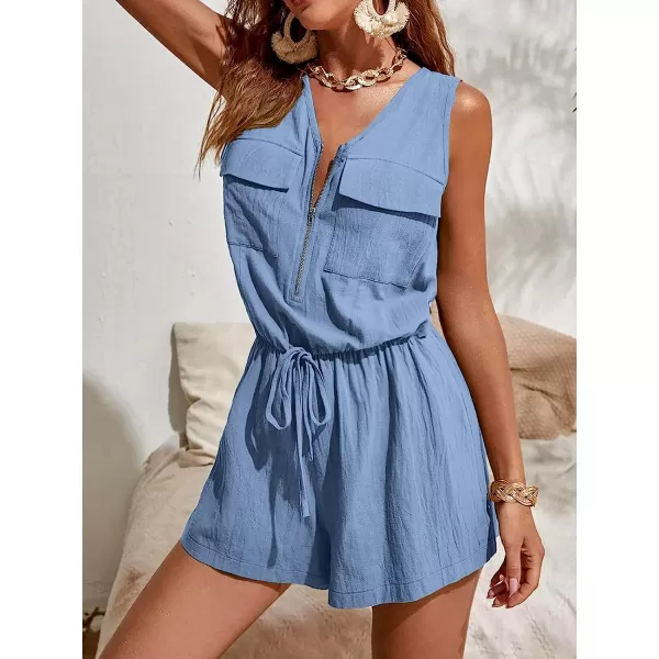 imageCUPSHE ZipUp Cotton Romper Wide Leg Rompers V Neck Sleeveless JumpsuitsBlue