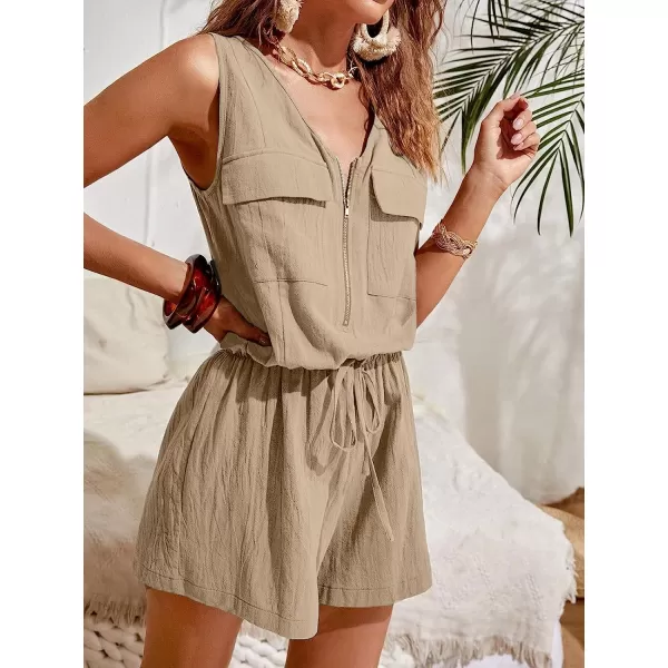 imageCUPSHE ZipUp Cotton Romper Wide Leg Rompers V Neck Sleeveless JumpsuitsBrown
