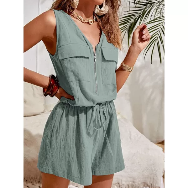 imageCUPSHE ZipUp Cotton Romper Wide Leg Rompers V Neck Sleeveless JumpsuitsGreen