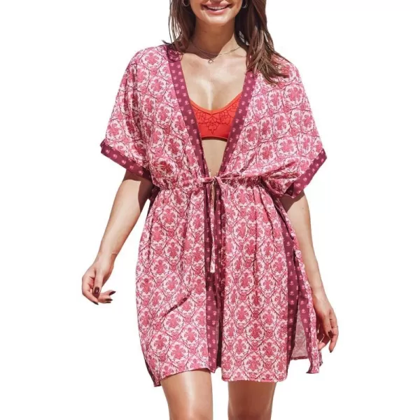 imageCUPSHE Beach Cover Ups for Women 2024 Kimono Bathing Suit Coverups Cardigan Self Tie DressesBoho Pink