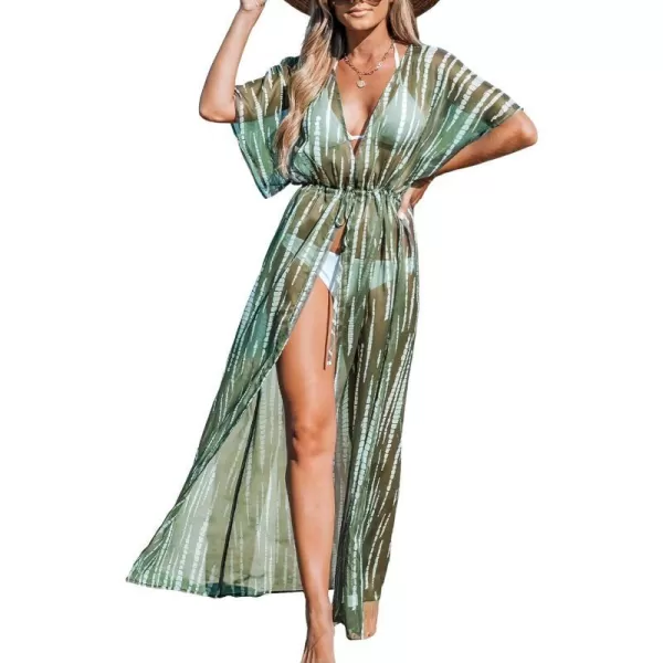 imageCUPSHE Beach Cover Ups for Women 2024 Kimono Bathing Suit Coverups Cardigan Self Tie DressesGreen Stripes