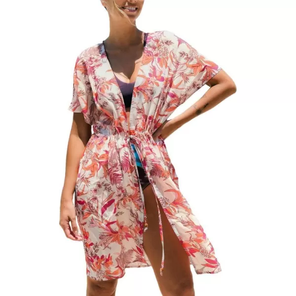 imageCUPSHE Beach Cover Ups for Women 2024 Kimono Bathing Suit Coverups Cardigan Self Tie DressesPink Tropical