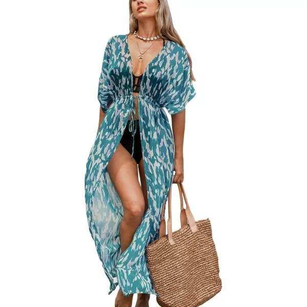 imageCUPSHE Beach Cover Ups for Women 2024 Kimono Bathing Suit Coverups Cardigan Self Tie DressesTurquoise Leopard