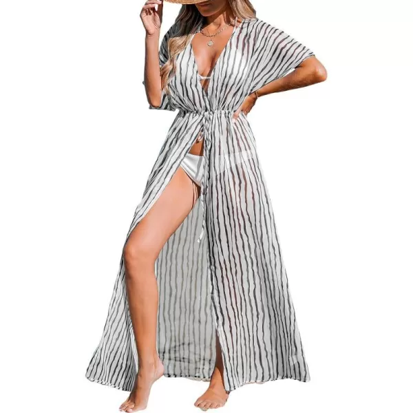 imageCUPSHE Beach Cover Ups for Women 2024 Kimono Bathing Suit Coverups Cardigan Self Tie DressesWhite Stripes