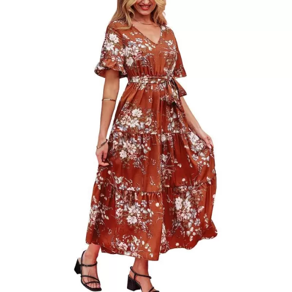 imageCUPSHE Belted Floral Print Dress Short Sleeves Maxi Dresses Casual SummerOrange