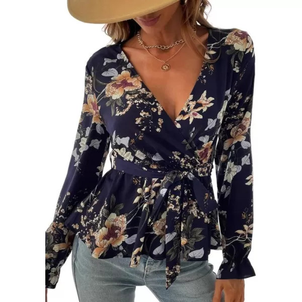 imageCUPSHE Belted Floral Print Flounce Mock Wrap Tops Sexy VNeck Long Sleeve Blouses TopsMulticolor
