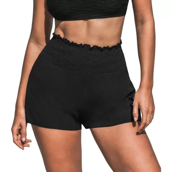imageCUPSHE Bikini Bottom for Women High Waisted Smocked Ruffled Shorts BottomBlack