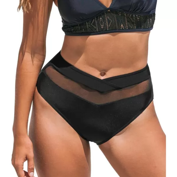imageCUPSHE Bikini Bottom for Women High Waisted V Cut Mesh Classic BottomBlack