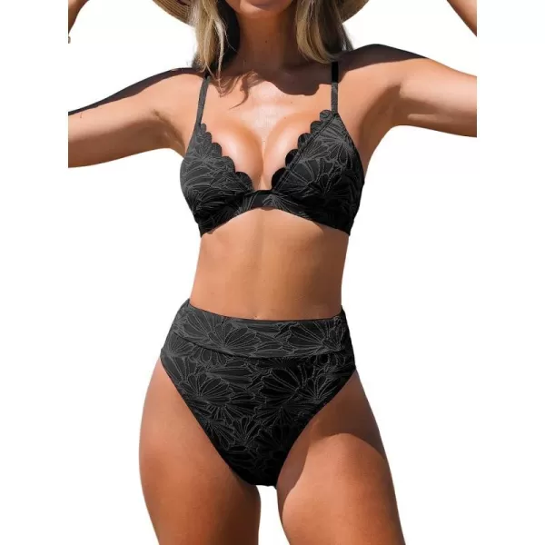 imageCUPSHE Bikini Set for Women Bathing Suit High Waisted Scalloped V Neck Two Pieces SwimsuitBlack