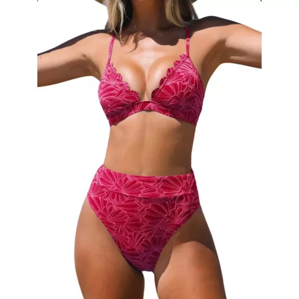 imageCUPSHE Bikini Set for Women Bathing Suit High Waisted Scalloped V Neck Two Pieces SwimsuitFuchsia Red