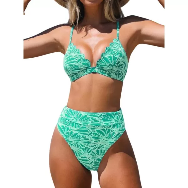 imageCUPSHE Bikini Set for Women Bathing Suit High Waisted Scalloped V Neck Two Pieces SwimsuitMint Green