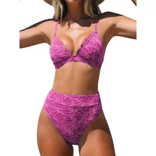 imageCUPSHE Bikini Set for Women Bathing Suit High Waisted Scalloped V Neck Two Pieces SwimsuitRed