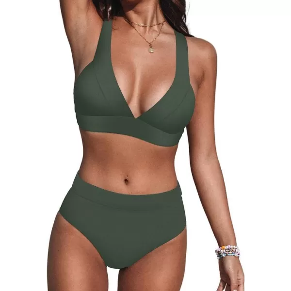 imageCUPSHE Bikini Set for Women Swimsuit High Waisted V Neck Wide Straps Back Hook Removable Push UpGreen