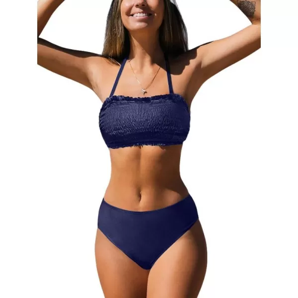 imageCUPSHE Bikini Set for Women Two Piece Swimsuit Bandeau Top Back Tie Mid Waisted Bottom with Removable Shoulder StrapsDark Blue