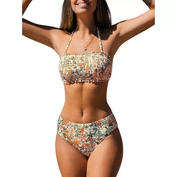 imageCUPSHE Bikini Set for Women Two Piece Swimsuit Bandeau Top Back Tie Mid Waisted Bottom with Removable Shoulder StrapsMulticolor