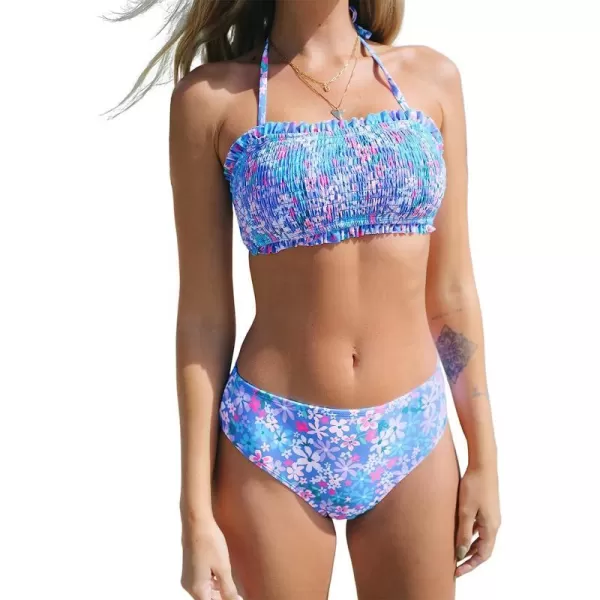 imageCUPSHE Bikini Set for Women Two Piece Swimsuit Bandeau Top Back Tie Mid Waisted Bottom with Removable Shoulder StrapsPurple Blue Floral