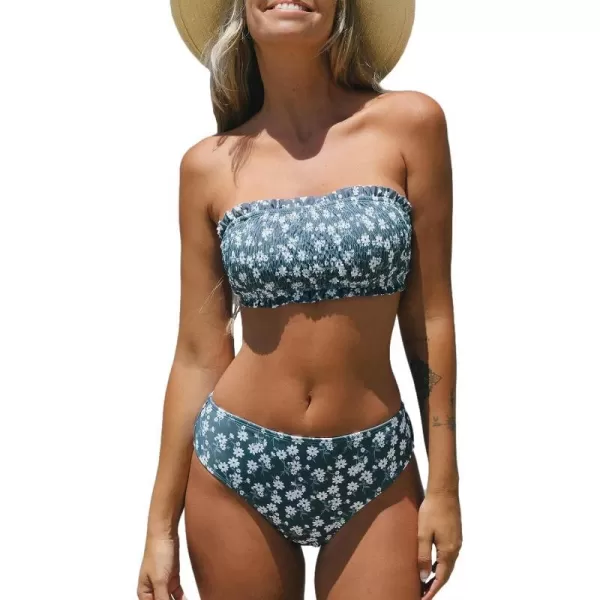imageCUPSHE Bikini Set for Women Two Piece Swimsuit Bandeau Top Back Tie Mid Waisted Bottom with Removable Shoulder StrapsTeal Blue