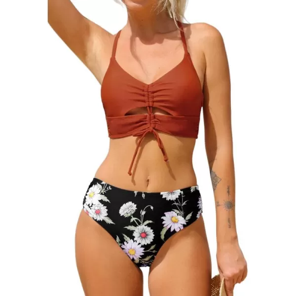 imageCUPSHE Bikini Set for Women Two Piece Swimsuit Floral Print Drawstring Cutout Crisscross Mid Rise Bathing SuitBrick Red and Floral