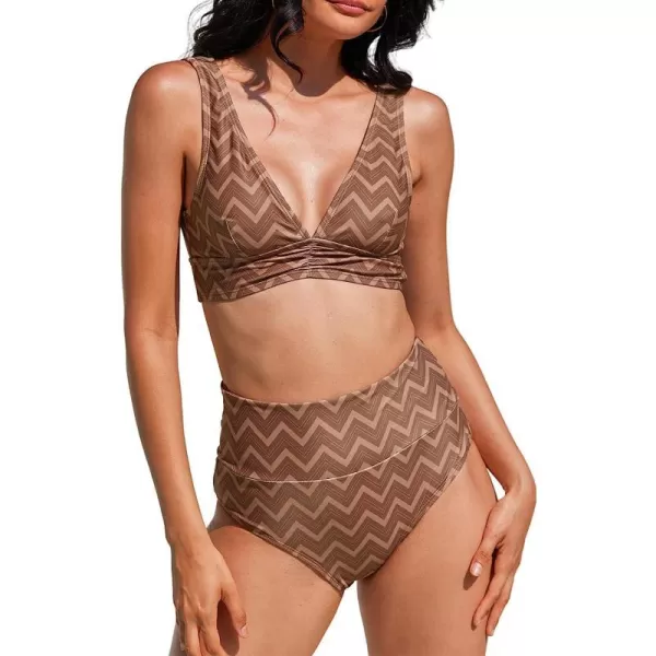 imageCUPSHE Bikini Set for Women Two Piece Swimsuit High Waisted V Neck Ruched Front Wide StrapsBrown Zigzag Stripes