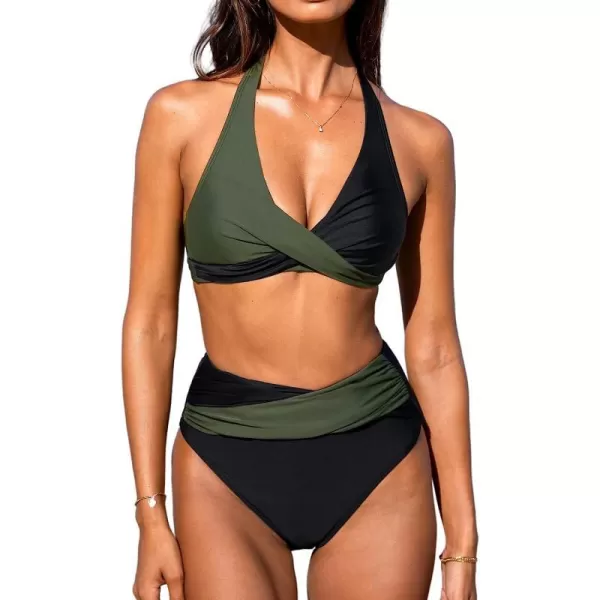 imageCUPSHE Bikini Set for Women Two Piece Swimsuit High Waisted Wrapped Halter Back Self Tie Color BlockBlack and Army Green