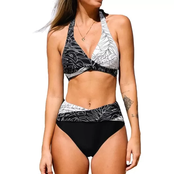 imageCUPSHE Bikini Set for Women Two Piece Swimsuit High Waisted Wrapped Halter Back Self Tie Color BlockBlack and White